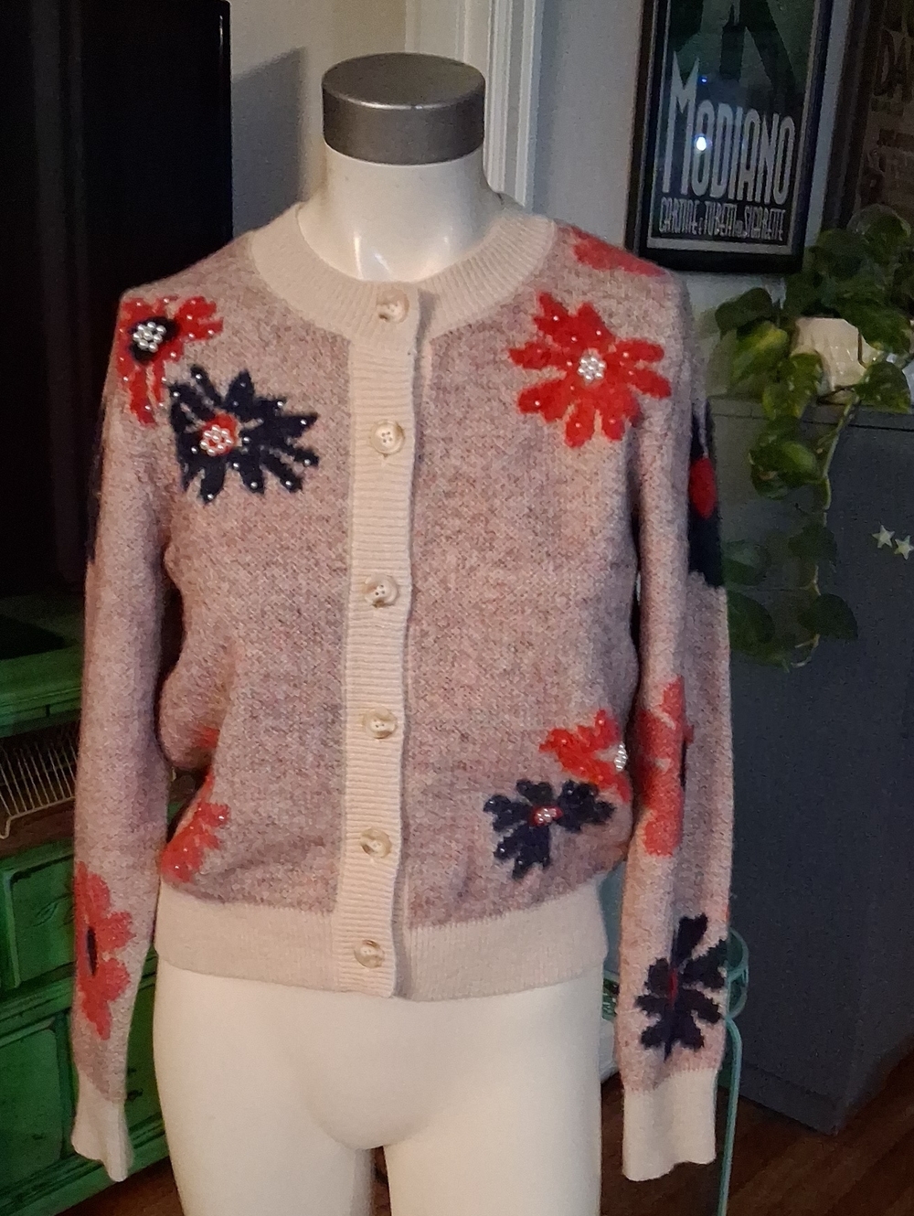 Nicole Miller Cream Cardigan with Red and Navy Floral Accents